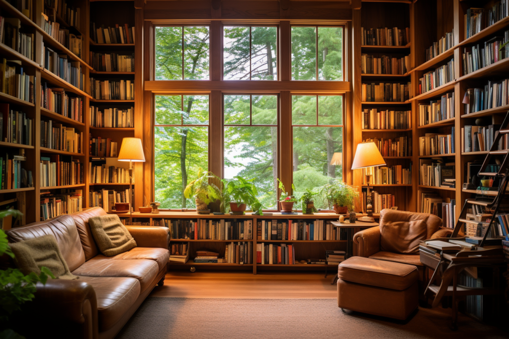 Libreria in casa con divano, poltrona e finestra che dà sul giardino