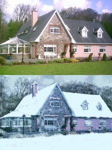 Casa estivata trasfromata con strati di neve