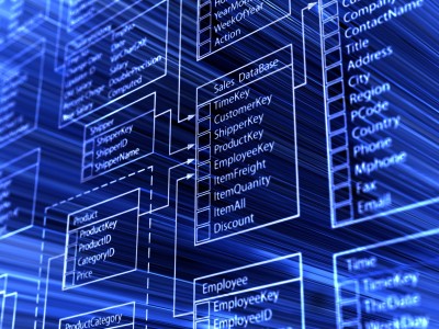 Schema di tabelle in relazione su sfondo blu