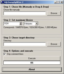 La schermata di SQL Dump Splitter all'apertura